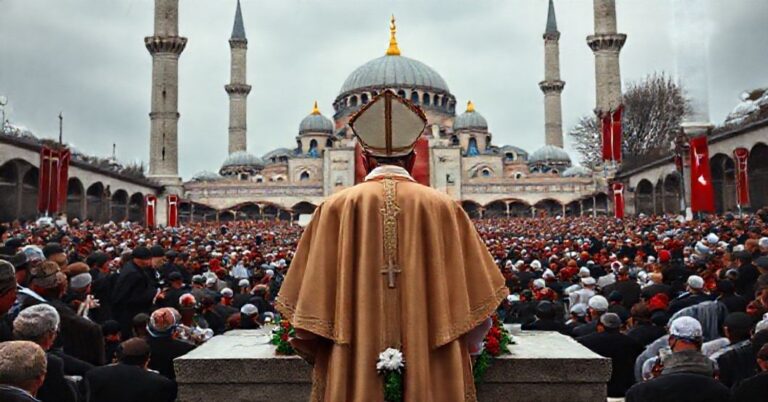 Antypapież Leon XIV przed Błękitnym Meczetem w Stambule, odmówił modlitwy.