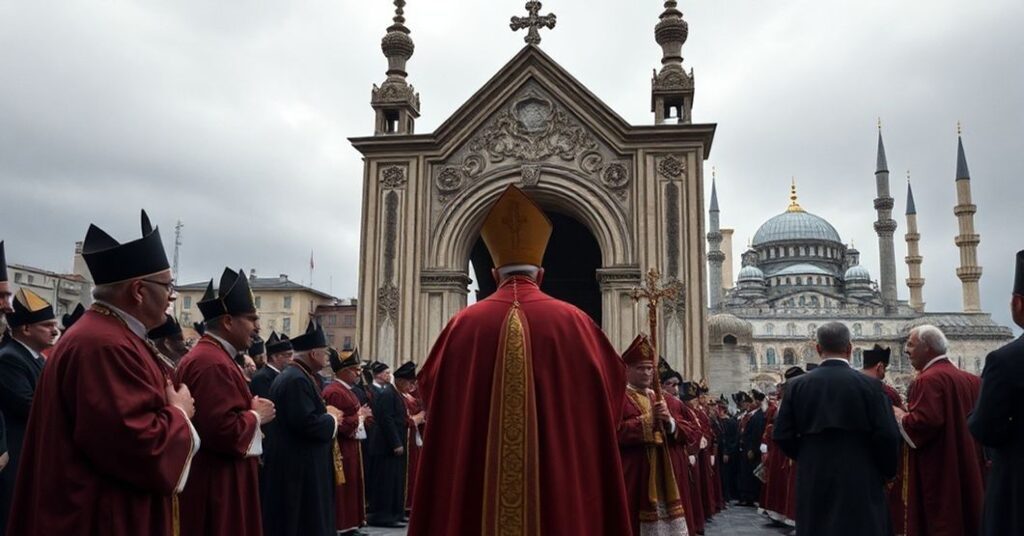 Scena przedstawiająca fałszywą pielgrzymkę anty-papieża Leona XIV do Turcji i Libanu, z akcentem na ekumeniczną apostazję.