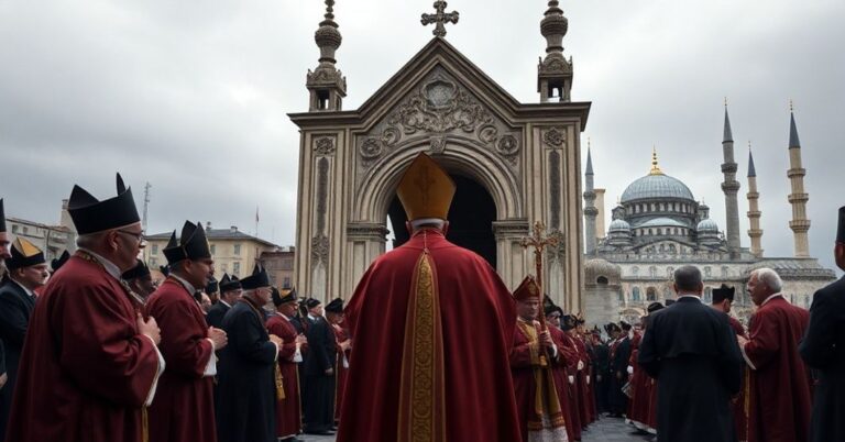 Scena przedstawiająca fałszywą pielgrzymkę anty-papieża Leona XIV do Turcji i Libanu, z akcentem na ekumeniczną apostazję.