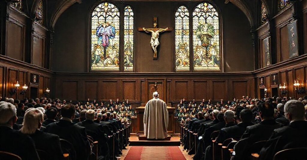 Antypapież Leon XIV wygłaszający przemówienie na Papieskim Uniwersytecie Laterańskim w 2025 roku.
