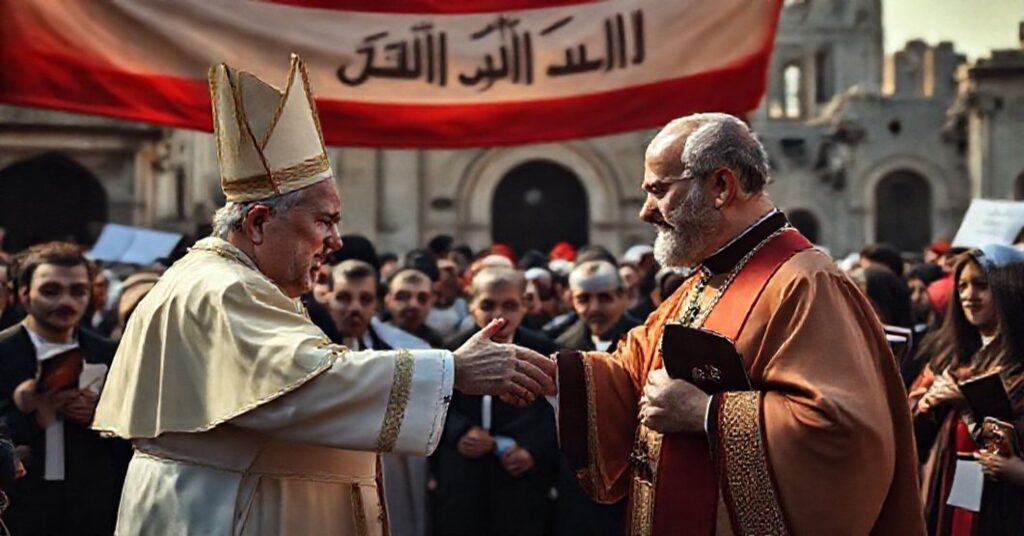 Realistyczny portret "papieża" Leona XIV i prezydenta Libanu Joseph Khalila Aouna podczas fałszywej ceremonii ekumenicznej w Bejrucie.