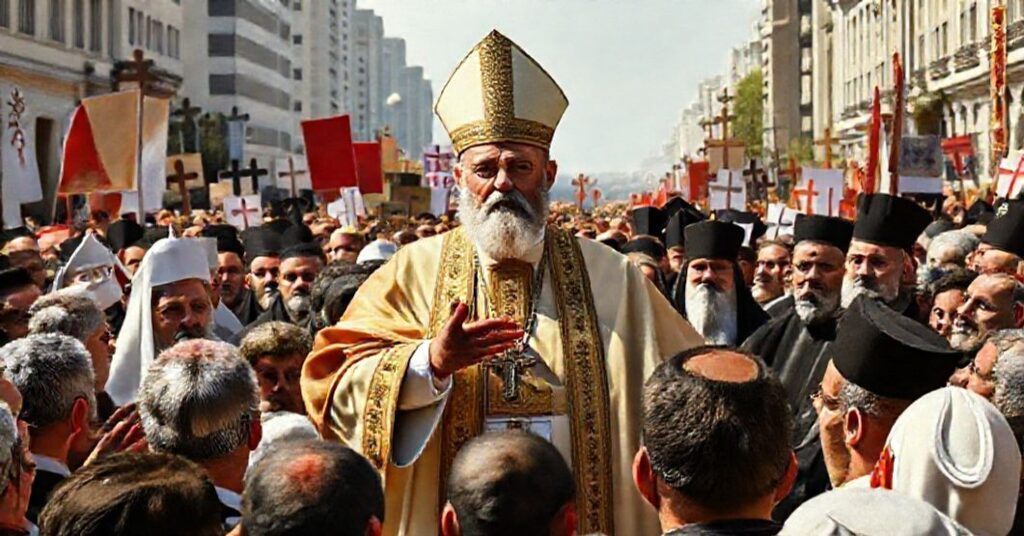 Portret fałszywego papieża Leona XIV przemawiającego do tłumu w Libanie w otoczeniu ekumenicznych przywódców