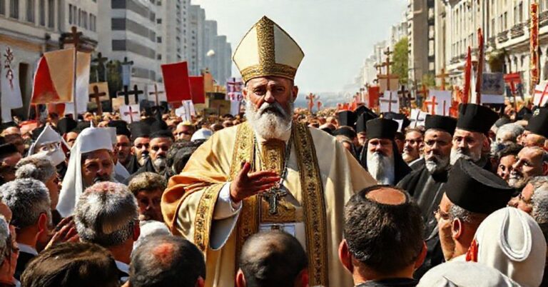 Portret fałszywego papieża Leona XIV przemawiającego do tłumu w Libanie w otoczeniu ekumenicznych przywódców