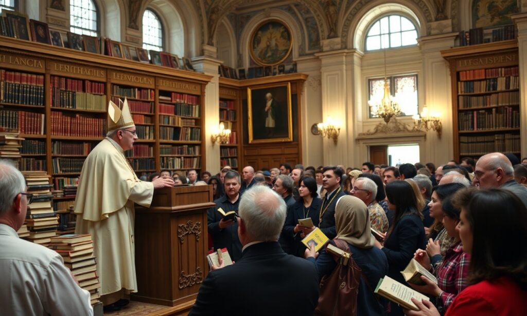 Antypapież Leon XIV przemawia w Libreria Editrice Vaticana podczas jubileuszu 100-lecia