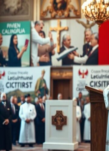 Antypapież Leon XIV w Monako – Modernistyczna Apostazja Obraz przedstawiający fałszywą wizytę anty-papieża Leona XIV w Monako z modernistycznym duchowieństwem, w tym kardynałem Parolinem. Scena ukazuje polityczny ceremoniał zamiast sakramentalnej miłości Chrystusa.