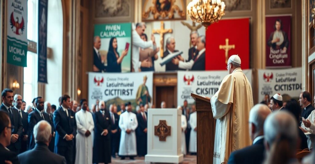 Obraz przedstawiający fałszywą wizytę anty-papieża Leona XIV w Monako z modernistycznym duchowieństwem, w tym kardynałem Parolinem. Scena ukazuje polityczny ceremoniał zamiast sakramentalnej miłości Chrystusa.