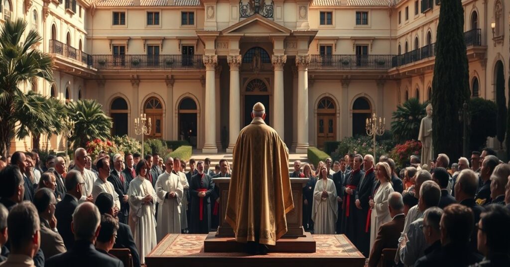 Uroczysty widok antypapieża Leona XIV podczas fałszywej podróży apostolskiej do Monako przed katedrą.