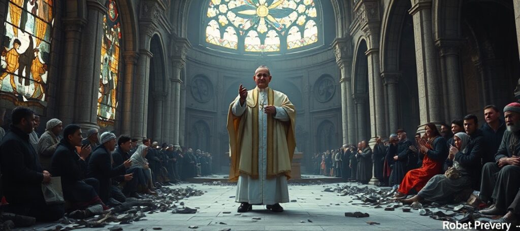 Zdjęcie przedstawiające Roberta Prevosta jako antypapieża Leona XIV w ruinach katedry.