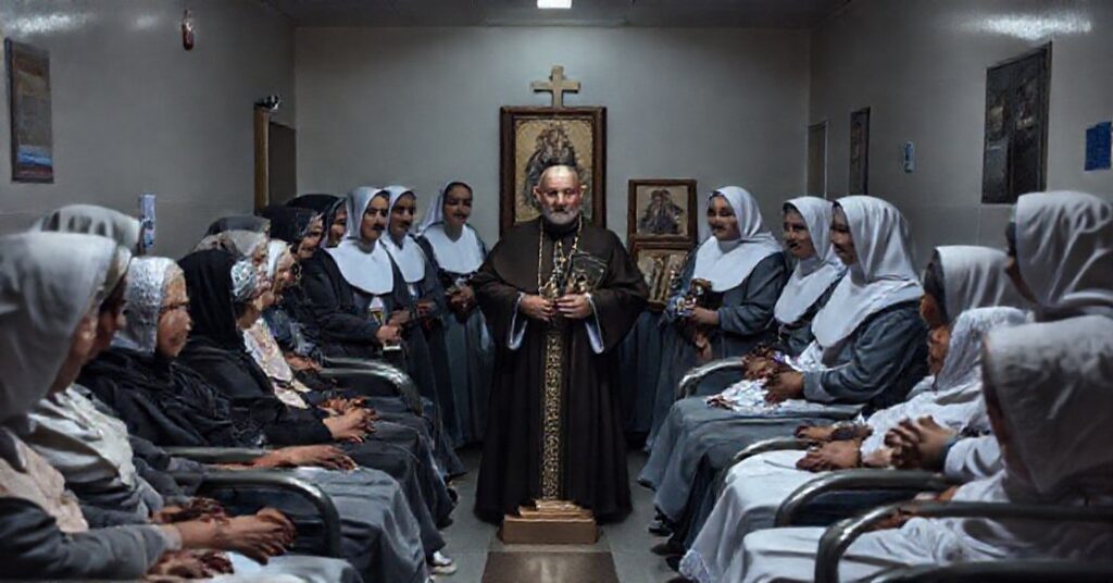 Zdjęcie przedstawiający wizytę antypapieża Leona XIV w szpitalu psychiatrycznym 'De la Croix' w Libanie, otoczonego przez siostry zakonne i pacjentów.