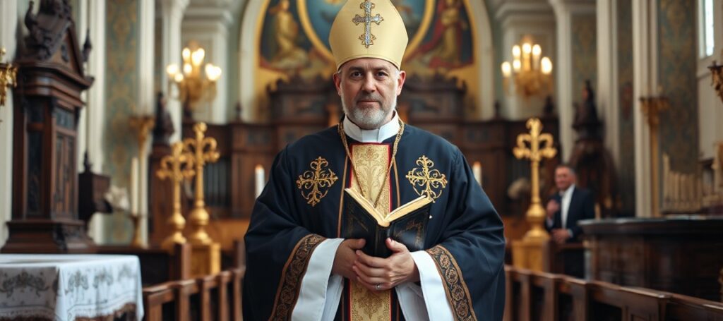 Zdjęcie przedstawiające antypapieża Leona XIV w habitach augustianów stojącego w tradycyjnym sanktuarium katolickim.