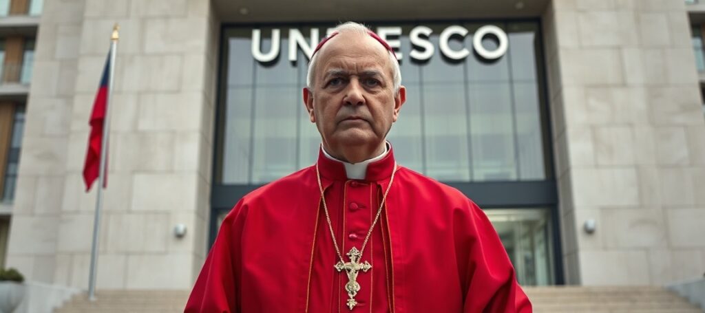 Antypapież Leon XIV (Robert Prevost) na tle siedziby UNESCO w Paryżu - symboliczne spotkanie zdrady doktrynalnej i podporządkowania się nowemu porządkowi świata bez Chrystusa.