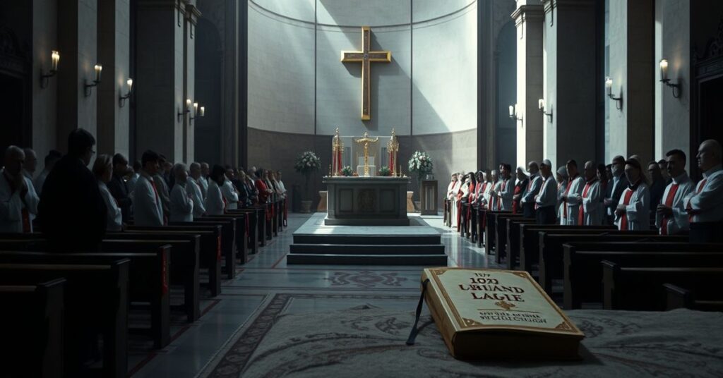 Scena przedstawiająca okupację rzymskich parafii przez antypapieża Leona XIV podczas Wielkiego Postu 2026.