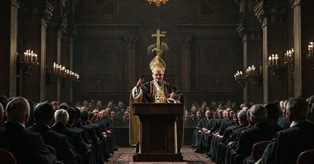 Solemne zdjęcie przedstawiające antypapieża Leona XIV podczas przemówienia przed przedstawicielami Strategic Alliance of Catholic Research Universities. Scena ukazuje konflikt między modernistycznym dyskursem a tradycyjną nauką katolicką.