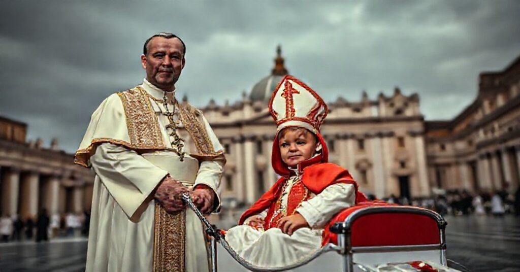 Plac Świętego Piotra w Watykanie: Antypapież Leon XIV z dzieckiem przebranym w mitrę i szatę liturgiczną podczas groteskowego zdjęcia w papamobile.