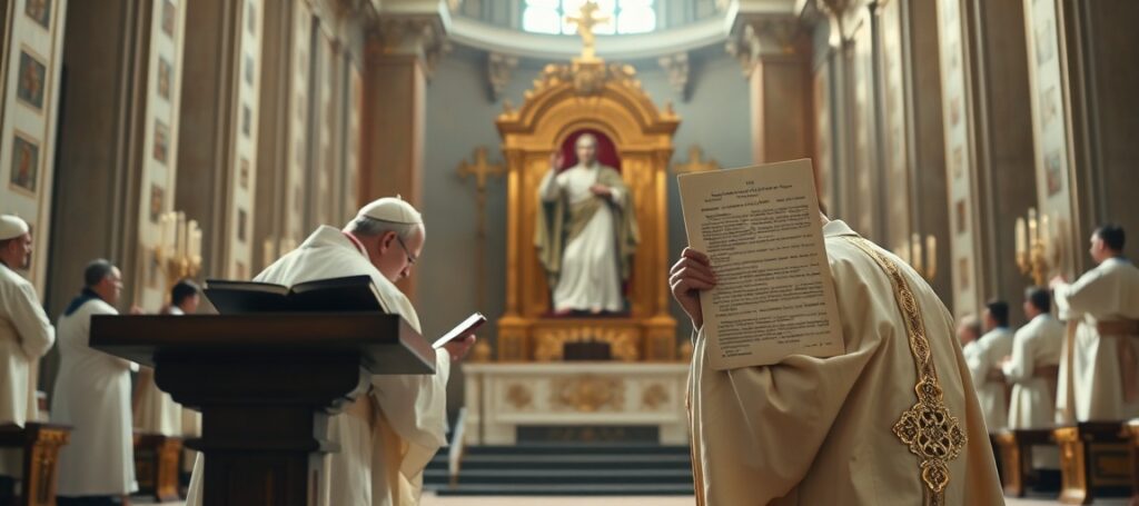 Antypapież Leon XIV z dokumentem rewolucji amerykańskiej wobec Chrystusa Króla w katedrze katolickiej