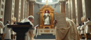 Antypapież Leon XIV z dokumentem rewolucji amerykańskiej wobec Chrystusa Króla w katedrze katolickiej