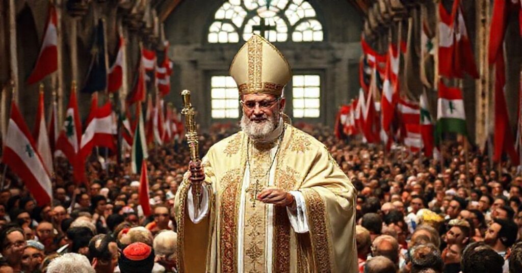 Antypapież Robert Prevost w Libanie, otoczony przez tłumy z różnymi religijnymi flagami, w ruinach portu w Bejrucie.