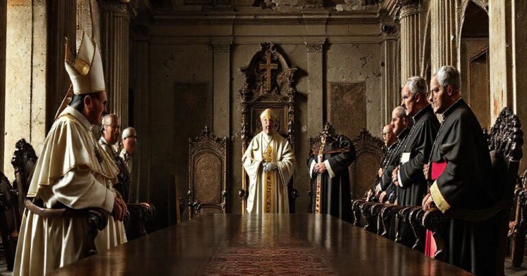 Obraz przedstawiający spotkanie rzekomego antypapieża z politykiem w watykańskim ambencie, symbolizujące degradację autentycznej władzy kościelnej.