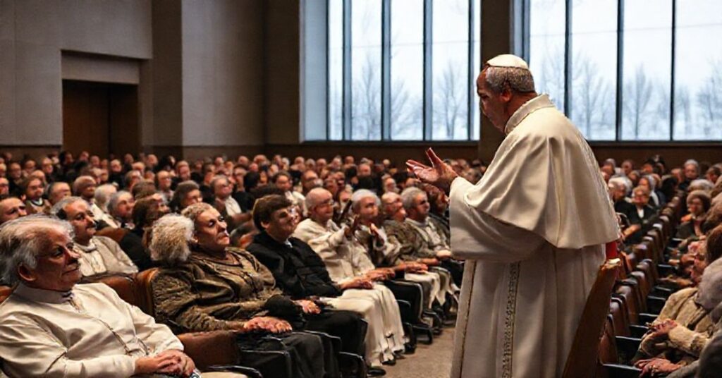 Antypapież Robert Prévost udziela fałszywego błogosławieństwa w Auli Pawła VI podczas spotkania z chorymi i niepełnosprawnymi.