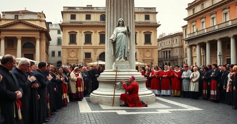 Uroczyście ceremonialne wydarzenie u kolumny Niepokalanej na placu Hiszpańskim w Rzymie w 2025 roku.