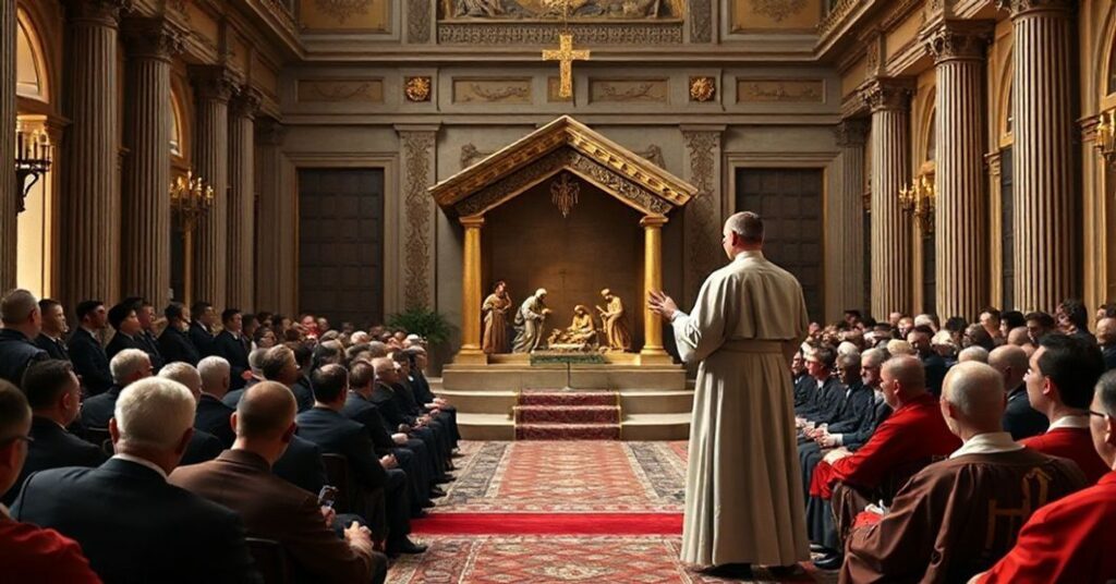 Sobór w Watykanie z antypapieżem Robertem Prevostem (Leo XIV) przemawiającym do pracowników w opulentnym wnętrzu