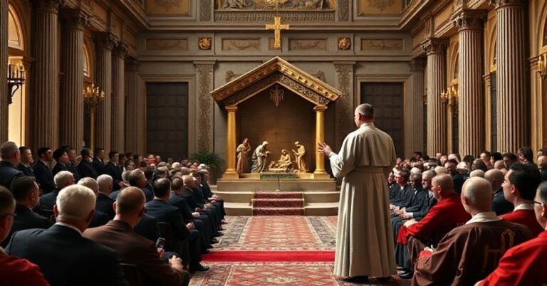 Sobór w Watykanie z antypapieżem Robertem Prevostem (Leo XIV) przemawiającym do pracowników w opulentnym wnętrzu