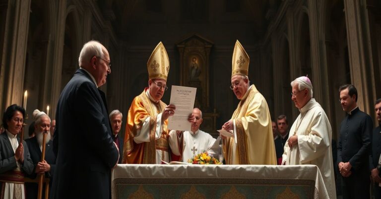 Scena w bazylice św. Piotra podczas uroczystości Wszystkich Świętych w 2025 r., podczas której anty-papież w papieskich szatach stoi przy ołtarzu z modernistycznym teologiem. Antypapież trzyma dekret ogłaszający teologa 'Doktorem Kościoła', podczas gdy ekumeniczna delegacja z Kościoła Anglii patrzy. Atmosfera jest poważna, ale scena jest zepsuta obecnością symboli modernistycznych i brakiem tradycyjnych ikonografii katolickich.