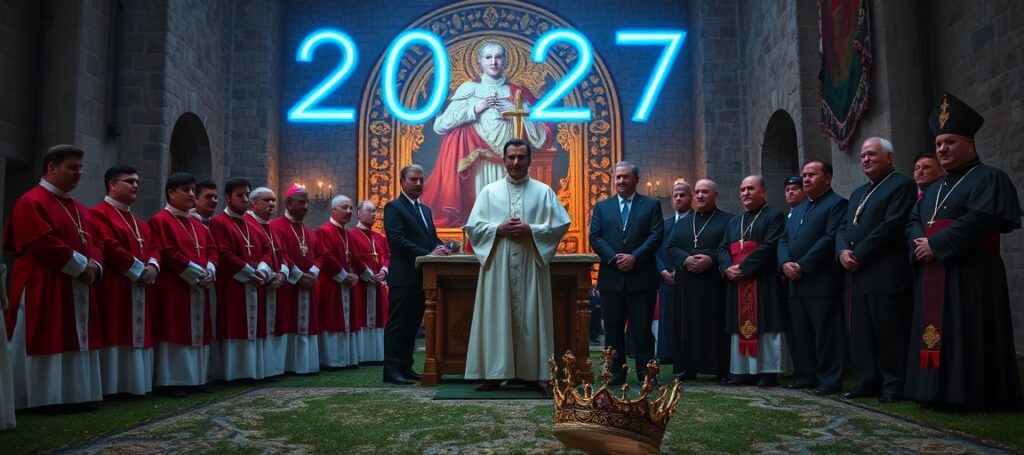 Fałszywa ceremonia papieska w Gietrzwałdzie z udziałem antypapieża Leona XIV (Roberta Prevosta), prezydenta Karola Nawrockiego i premiera Donalda Tuska wraz z apostatą nuncjuszem Filipazzim – symbol kolaboracji posoborowej władzy z państwem przeciwko prawdziwemu Kościołowi
