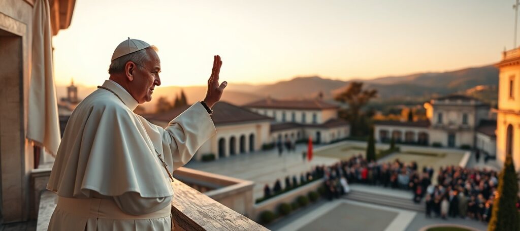 Antypapież Robert Prevost (Leon XIV) udziela pozornie błogosławieństwa z balkonu Pałacu Apostolskiego w Castel Gandolfo – symboliczna ilustracja pustki urzędu papieskiego i herezji modernizmu