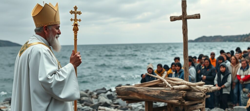 Antypapież Leon XIV na Lampedusie podczas prowokacyjnej pseudo-mszy z ołtarzem z drewna rozbitych łodzi – symbol apostazji i humanitaryzmu zastępującego Królestwo Chrystusa