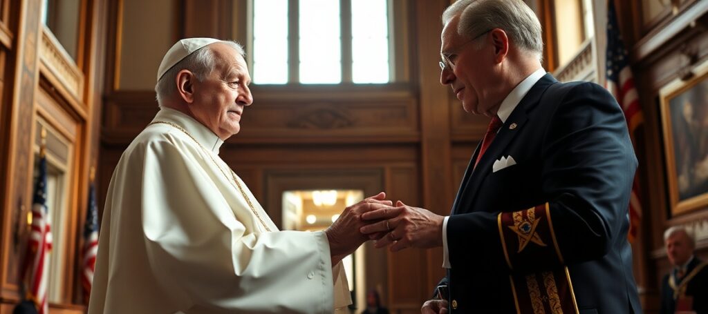 Antypapież Leon XIV odbiera Medal Wolności od amerykańskiego polityka w otoczeniu symboli masonerii i amerykańskich barw narodowych