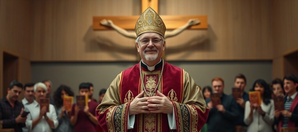 Antypapież Leon XIV (Roberta Prevosta) w modernistycznej kaplicy podczas fałszywego kazania o pelagiańskiej herezji - kontrast tradycyjnego krzyża z współczesnym otoczeniem