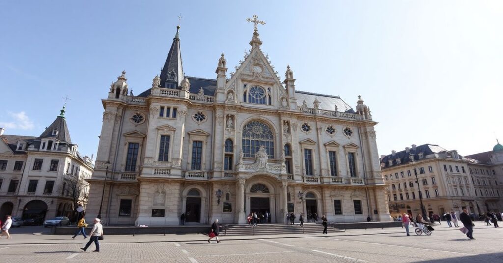 Obraz przedstawiający tradycyjny kościół z abp. Tadeuszem Wojdą apelującym o pokój wraz z heretycznym 'papieżem' Leonem XIV na tle.