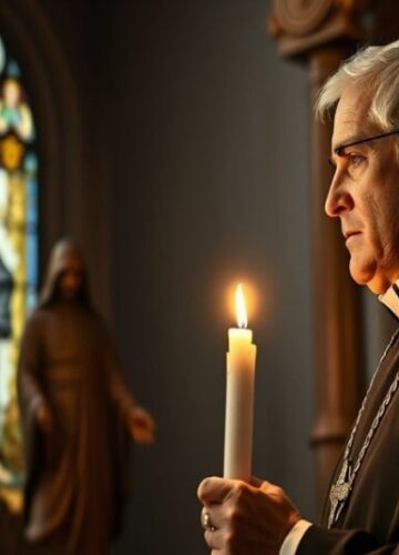 Apel finansowy LifeSiteNews: naturalistyczna walka bez Chrystusa Króla Mężczyzna w tradycyjnym stroju katolickim stoi w kościele przed posągiem Chrystusa Króla, trzymając świecę.