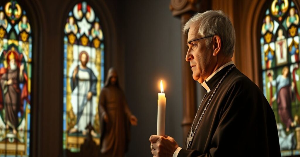 Mężczyzna w tradycyjnym stroju katolickim stoi w kościele przed posągiem Chrystusa Króla, trzymając świecę.