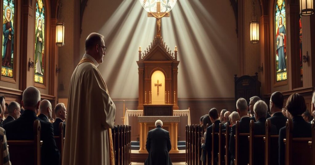 Ks. Łukasz Niepsuj w tradycyjnym stroju kapłańskim na tle kościoła z wyznającym w konfesjonale.