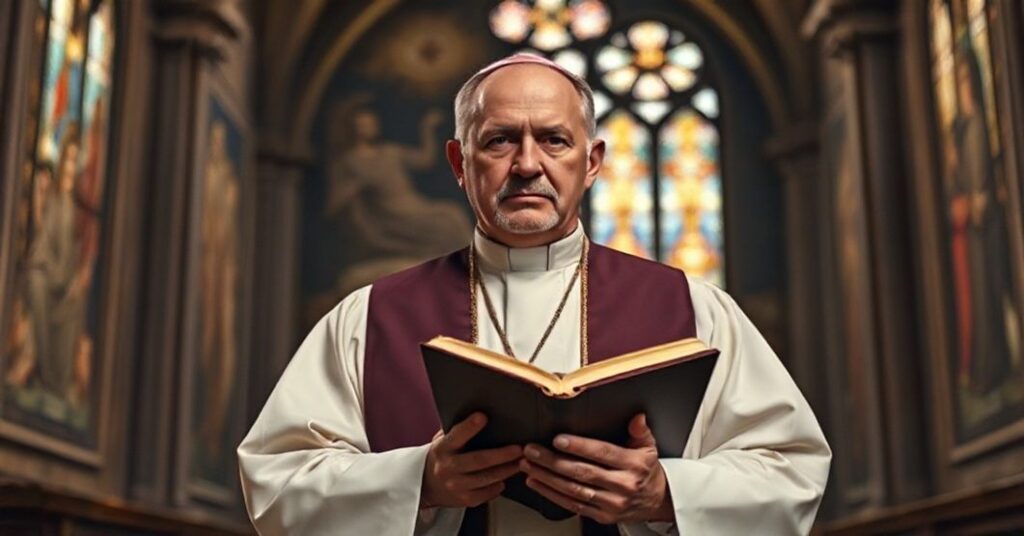 Biskup w tradycyjnych szatach liturgicznych stoi w katedrze z witrażami i starymi freskami, symbolizującą walkę między naturalistycznymi ideałami a boską misją Kościoła