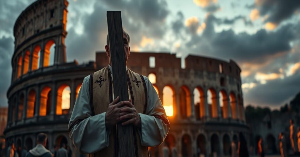 Sobór Koloseum w Rzymie z postacią w szatach papieskich trzymającą krzyż w tle