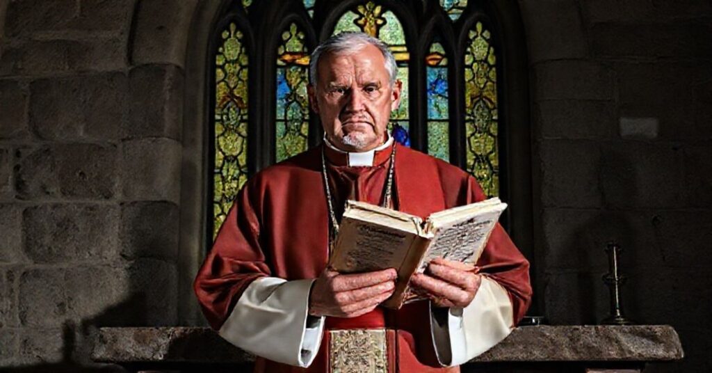 Ksiądz w tradycyjnym stroju liturgicznym trzyma katechizm przed uszkodzonym ołtarzem z witrażem Chrystusa na krzyżu