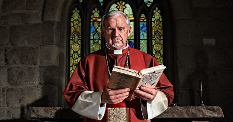 Ksiądz w tradycyjnym stroju liturgicznym trzyma katechizm przed uszkodzonym ołtarzem z witrażem Chrystusa na krzyżu