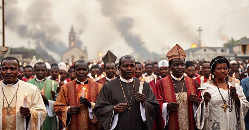 Procesja katolicka w Nigerii z klerem w ornatach i wiernymi z zapalonymi świecami przed tłem spalonych kościołów