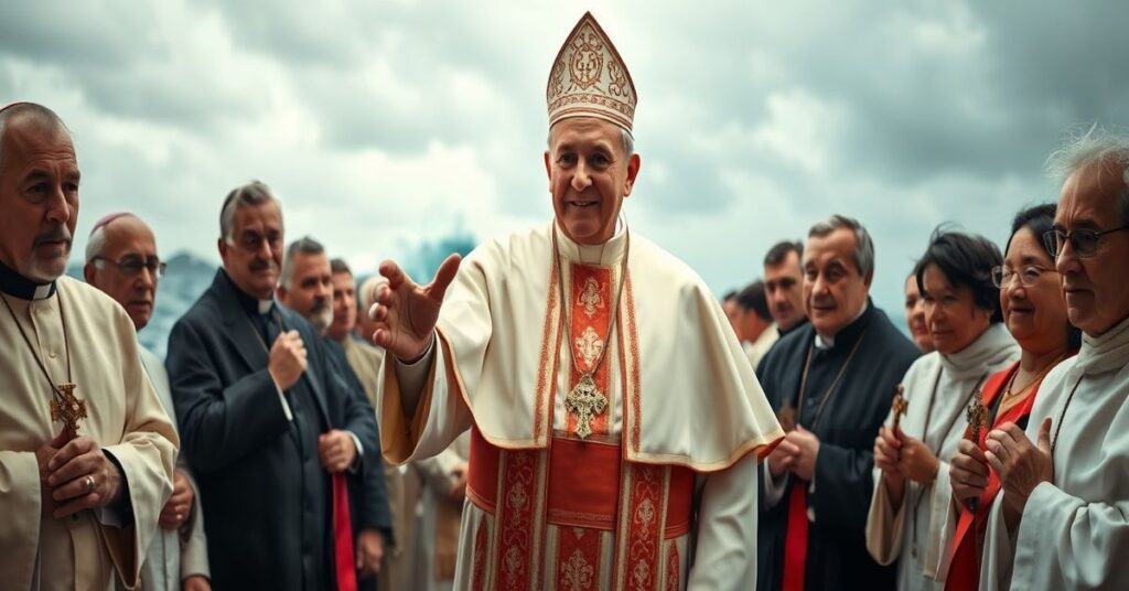 Portret fałszywego papieża Leona XIV podczas audiencji na statku otoczony biskupami w nowoczesnych ornatach. Scena przedstawia burzliwe morze w tle i modlących się ludzi z różańcami.