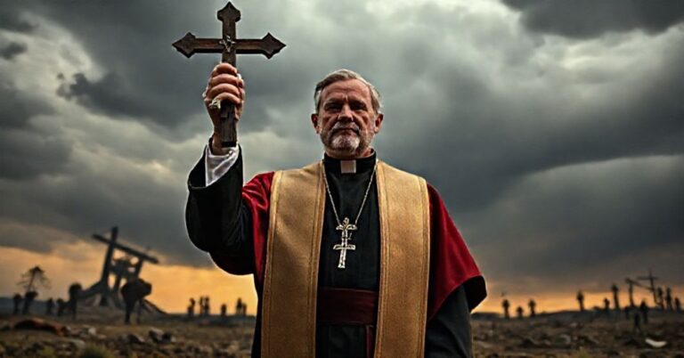 Ksiądz w tradycyjnych szatach kościelnych trzyma krzyż przed apokaliptycznym pejzażem, symbolizując nadzieję katolicką w obliczu współczesnego nihilizmu.