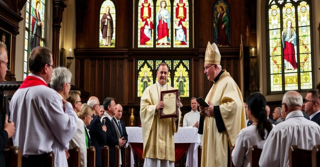 Uroczystość wręczenia apostackiej nagrody w tradycyjnym kościele katolickim, z biskupem w szatach liturgicznych i historykiem Mateuszem Szpytmą