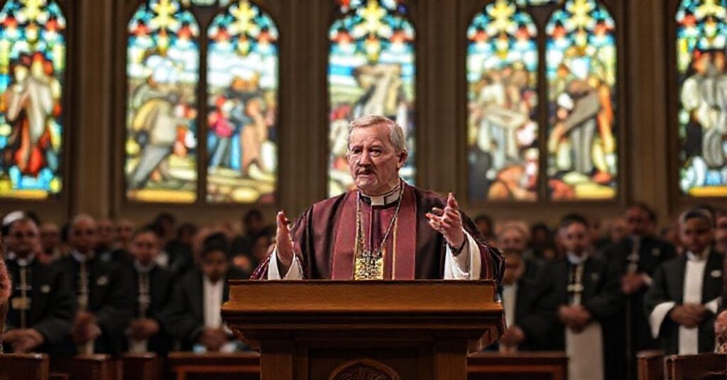 Obraz przedstawiający "biskupa" Michaela Burbidge podczas wystąpienia na Zgromadzeniu Plenarnym USCCB, promującego naturalistyczny relatywizm pod pozorem "godności ludzkiej"