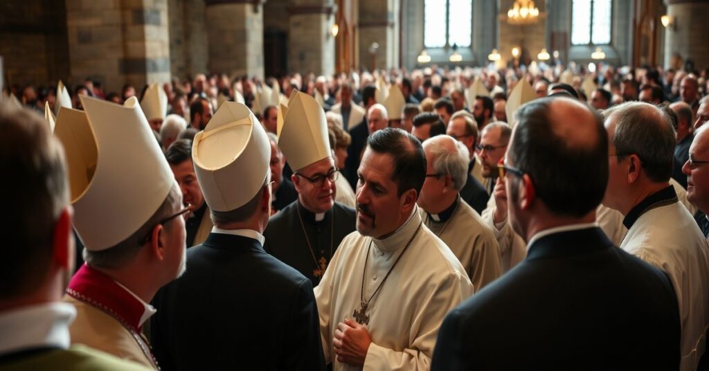 Grupa mężczyzn uczestniczących w nowoczesnej pielgrzymce katolickiej w Krzeszowie pod przewodnictwem biskupów Andrzej Siemieniewski i Marek Mendyk