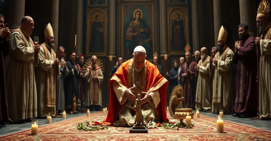 Obraz przedstawiający 'Papieża' Leona XIV (Roberta Prevosta) podczas pogańskiego rytuału Pachamama w Watykanie, symbolizujący głęboką apostazję Kościoła