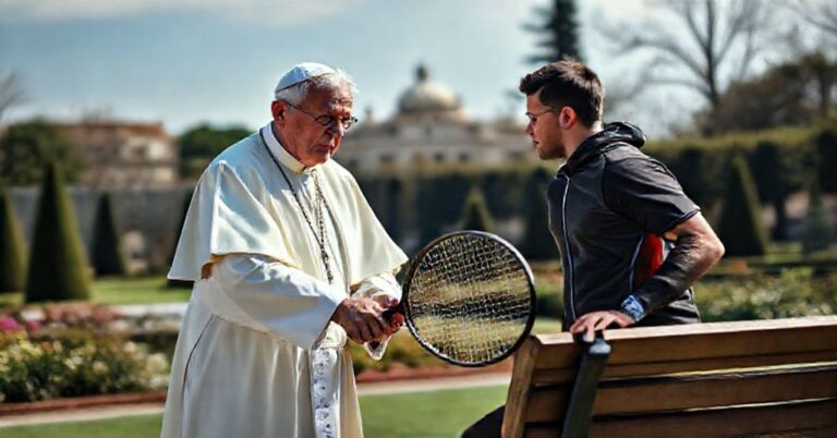 Portret staruszka ubranego w stroje papieskie grającego w tenisa z młodym mężczyzną w nowoczesnym stroju sportowym na tle ogrodów watykańskich