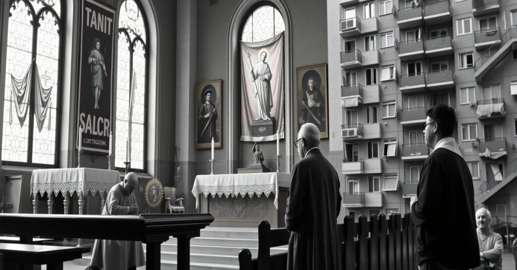 Scena w Santa Marja della Presentazione w Torrevecchia (2026), ukazująca kontrast między tradycyjnym katolickim modlitwą a nowoczesnym modernistycznym apostazją.