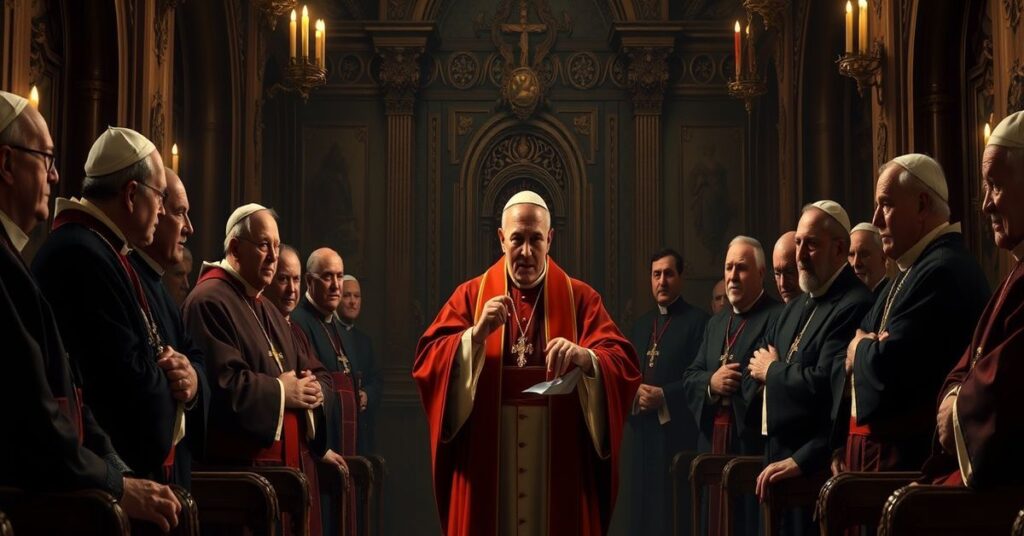 Scena w tradycyjnym katolickim kościele przedstawiająca napięcie między Watykanem a amerykańskimi biskupami, z "kardynałem" Christophe'em Pierre'em mówiącym w ciemnej kaplicy.